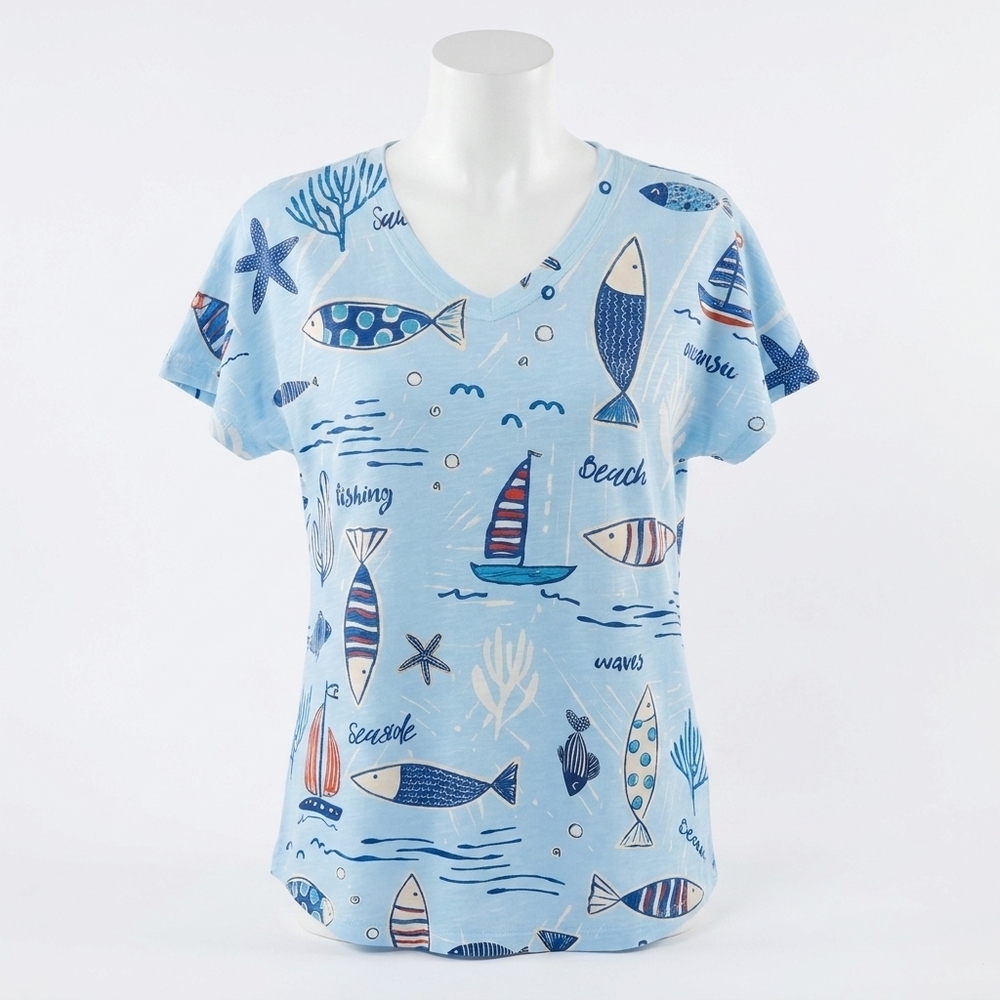 NEW JESS & JANE women's v neck short sleeve top in light blue